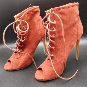Rust Orange Lace Up Peep Toe Stiletto Boots Size 6 1/2